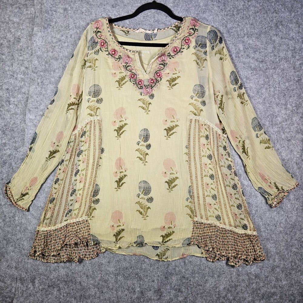 Soft Surroundings Womens Yellow Floral Boho Fairy Embroidered Blouse Size Large